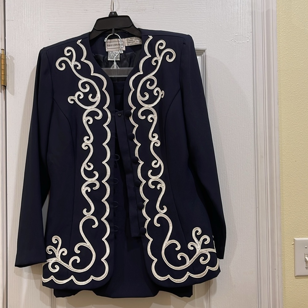 Karin Stevens Navy two piece, jacket and skirt size 10